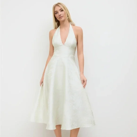 Cider Ivory Jacquard Halter V-Neck Midi Dress - Picture 2 of 15